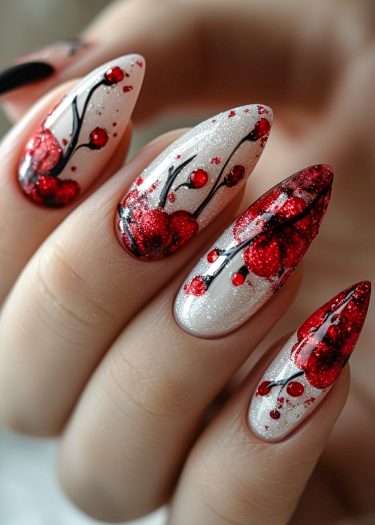 Elegant stiletto nail art with shimmering white base and vibrant red floral designs.