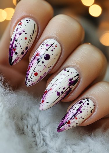 Elegant almond-shaped nails with vibrant splatter design against a cozy textured background.