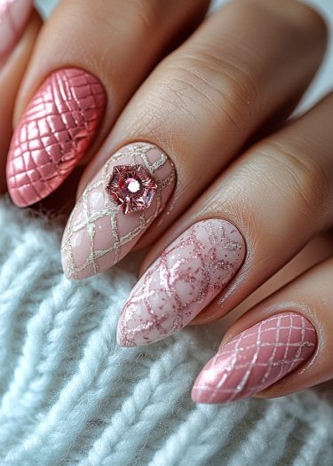 Elegant almond-shaped nails featuring intricate pink designs and textures for a sophisticated look.