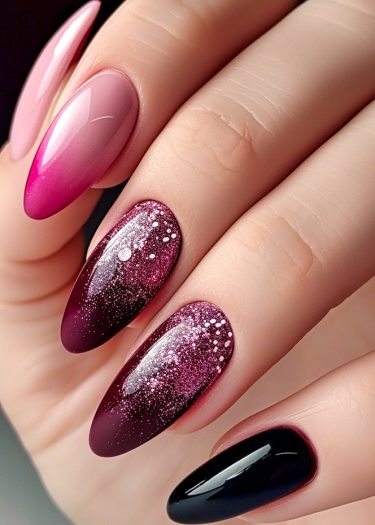 Elegant almond-shaped nails with intricate designs, featuring gradients, glitter, and vibrant colors.