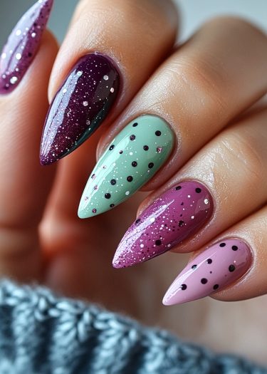 Vibrant almond-shaped nail designs with glitter and polka dots on elegantly manicured fingers.