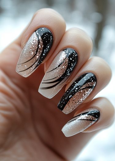 Elegant almond-shaped nails with a chic gradient, glitter, and artistic black swirls.