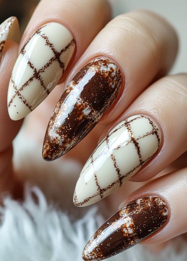 Stylish beige and brown nail art featuring checkered and marbled designs for elegant manicure.