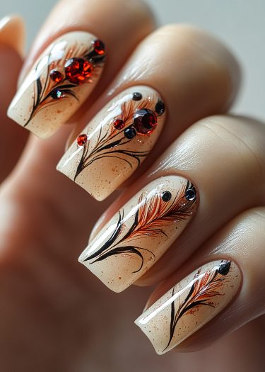 Elegant beige nail art with intricate black designs and sparkling rhinestones for a chic look.