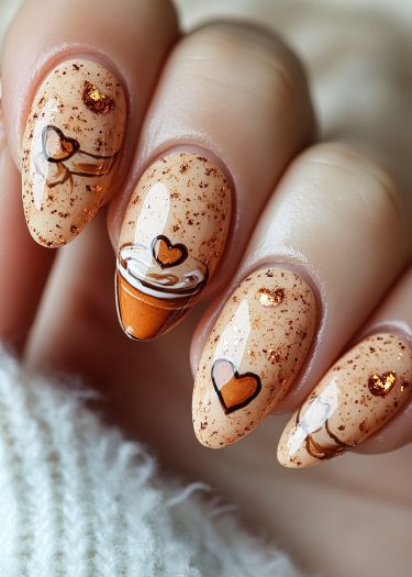 Elegant beige nail art with glitter and cozy heart designs for a warm, autumn-inspired look.