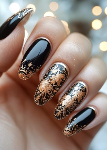 Elegant black and gold nail art featuring intricate floral designs on long almond-shaped nails.