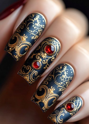 Elegant black and gold nail art featuring intricate designs and luxurious red gemstones.