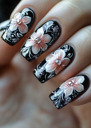 Elegant black nail art featuring floral designs, gemstones, and glitter for a luxurious look.