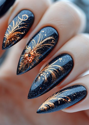 Elegant black and gold stiletto nail art with glitter and rhinestones for a luxurious look.