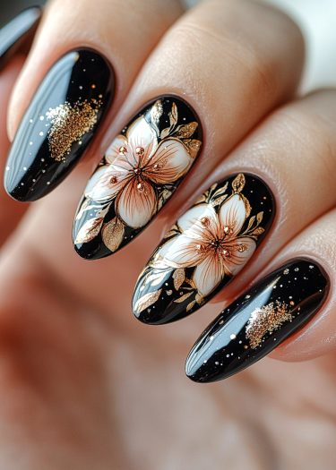 Elegant black and gold nail art featuring floral designs and shimmering cosmic accents.