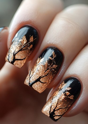 Elegant black nail art featuring intricate copper tree branch designs and shimmering leaves.