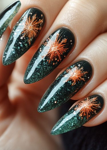 Stunning black stiletto nails with fiery orange and gold designs and sparkling green glitter.