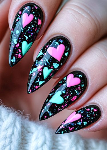 Vivid stiletto nails with glossy black base and colorful heart nail art designs.