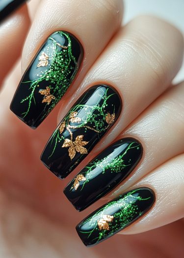 Elegant black nail art with intricate green vines and golden leaves for a sophisticated look.