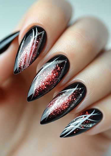 Elegant black nails with red glitter design and intricate white line work.