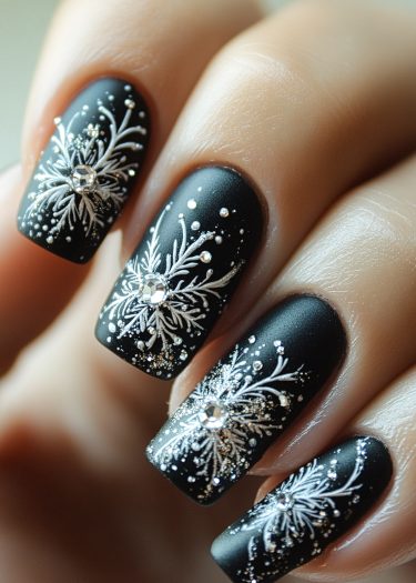 Elegant black nail art with silver rhinestones and intricate white floral patterns.