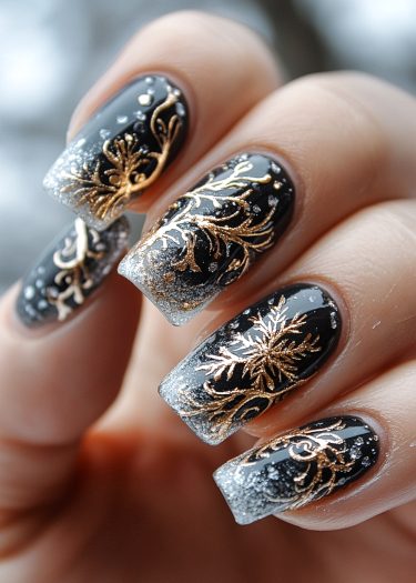 Elegant black and gold nail art with silver accents and glitter for a festive look.