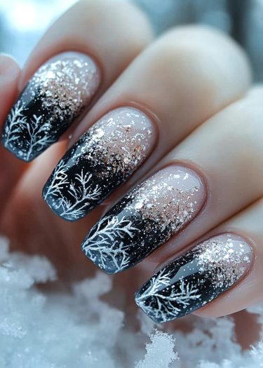 Elegant winter snowflake nail art featuring black ombre and shimmering silver glitter design.