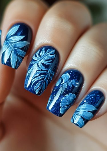 Elegant navy blue botanical nail art with detailed white and pale blue leaf designs.