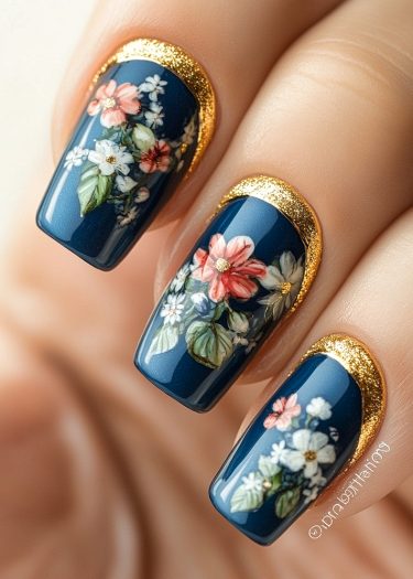 Elegant blue floral nail art with gold accents showcases intricate flower designs and luxurious details.