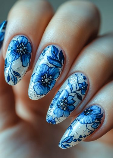 Elegant blue floral nail art with intricate designs and silver accents on a soft white base.