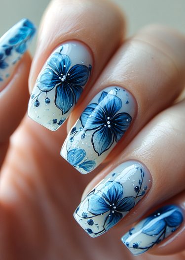 Elegant blue floral nail art design with intricate details and a sophisticated finish.