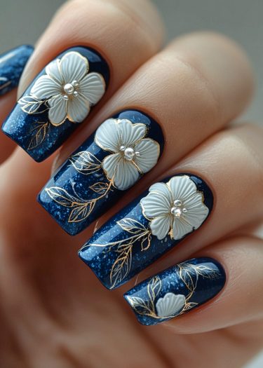 Elegant navy blue nails adorned with intricate white floral designs and sparkling rhinestones.