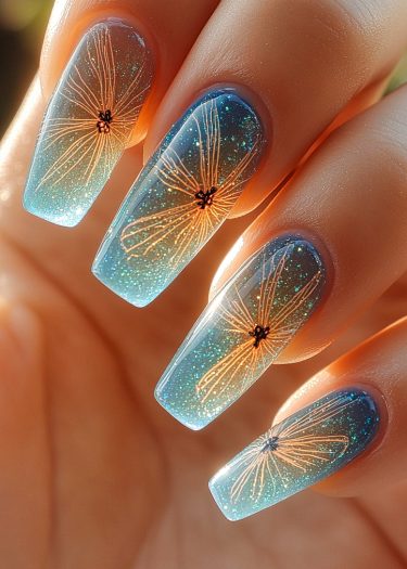 Elegant blue gradient nails with dandelion designs and glittery accents showcase modern nail art.