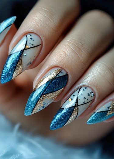 Elegant stiletto nails with teal, gold, and nude geometric designs for a chic manicure.