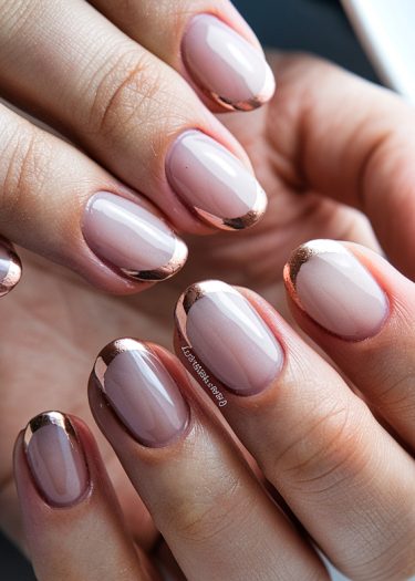 Elegant manicure featuring glossy nude nails with metallic rose gold tips.