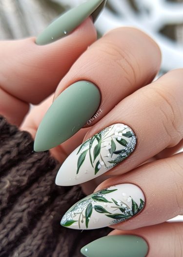 Elegant botanical nail art with matte green and intricate leaf designs for a chic look.