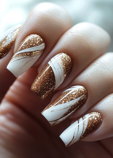 Elegant white and bronze nail art featuring intricate designs and glamorous glitter accents.