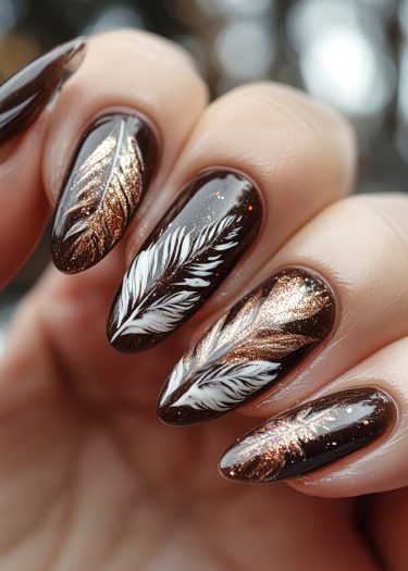 Elegant brown nails with intricate feather designs in white and metallic copper shimmer.