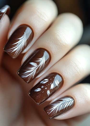 Elegant brown feather nail art with glossy finish and intricate white designs.