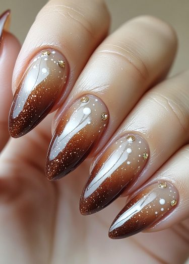 Elegant brown gradient nails with glitter and gold accents for a sophisticated manicure design.