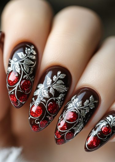 Elegant black nail art with silver vines and red glitter accents on almond-shaped nails.