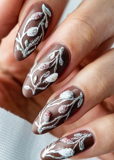 Elegant brown almond-shaped nails with intricate nature-inspired silver designs and colorful floral accents.