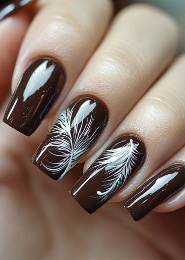 Elegant brown nail art featuring intricate white feather designs for a sophisticated look.