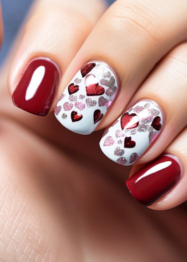 Elegant burgundy nail art featuring heart motifs for a stylish and sophisticated look.