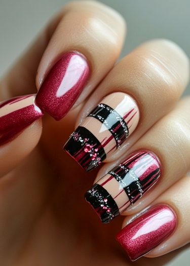 Elegant burgundy nail art with glittering accents and intricate designs for a chic manicure.