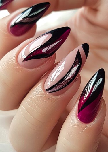 Elegant magenta nail art design with unique patterns and glossy finishes for modern beauty.