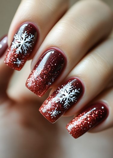 Elegant burgundy winter nails with glitter and snowflakes, perfect for festive occasions.