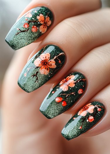 Elegant dark green nails with intricate cherry blossom designs for a stunning nail art look.