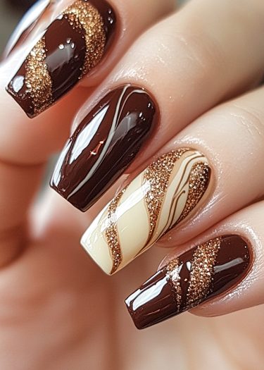 Elegant chocolate and cream nails with glamorous bronze glitter designs for a chic look.