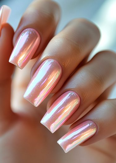 Elegant pink manicure with iridescent finish on long, square-shaped nails.