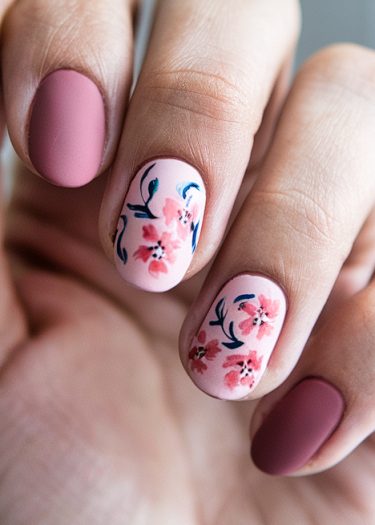 Elegant dusty rose nails with floral designs and matte finish, perfect for modern manicures.