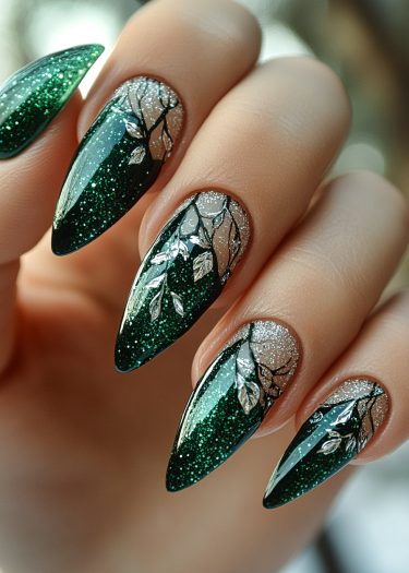 Elegant emerald nail art featuring shimmering green polish and intricate silver leaf designs.