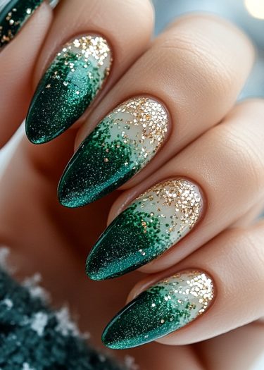 Elegant emerald gradient nails with gold glitter, showcasing luxurious artistry and detail.