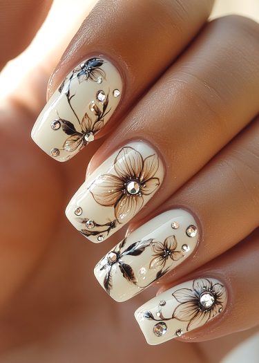 Elegant floral nail art with rhinestones on ivory manicured nails for a sophisticated look.