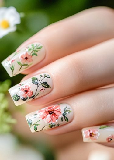 Elegant floral nail art featuring intricate pink flowers and green leaves on cream nails.